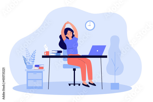 Happy young woman relaxing at workplace in office. Female employee sitting at desk with laptop and stretching during coffee break. Remote work, rest, job concept
