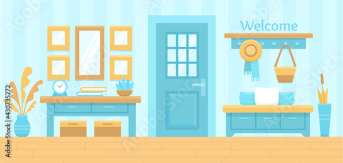 Blue hall interior. Cozy home hallway with door, mirror and modern furniture. House entrance background. Flat vector illustration.