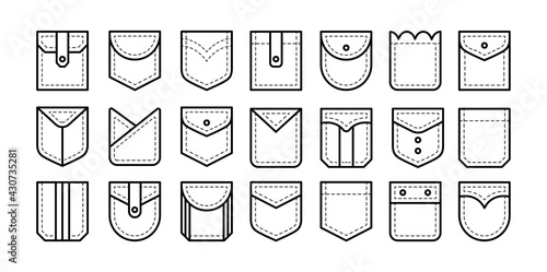 Different types of patch pockets with flap, button and pleat. Men and women shirt, jean pockets. Casual garment. Line icon set. Vector illustration. Isolated objects