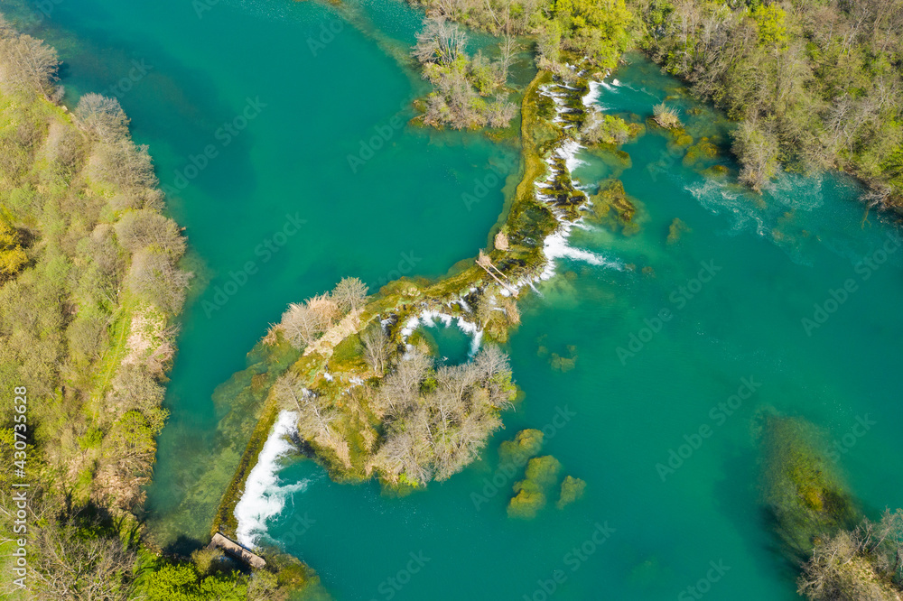 Panoramic overhead view of watterfals on Mreznica river, top down view, Karlovac county, Croatia