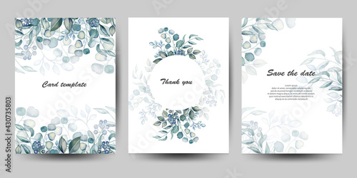 Wedding invitation cards set with leaves, eucalyptus and herbs. Vector isolated illustration.