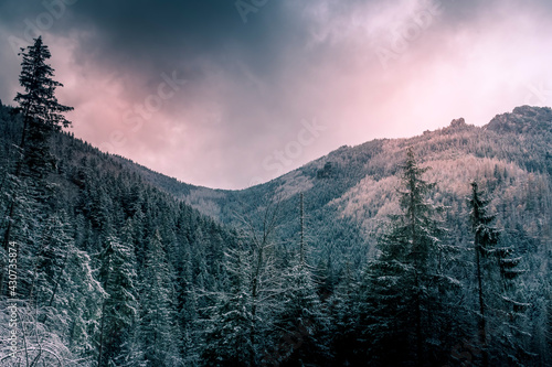 Moody sky over the hills of Western Tatras, Poland. Dramatic aura in the mountains. Coniferous forest covered with snow. Selective focus on the ridge, blurred background.