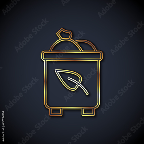 Gold line Recycle bin with recycle symbol icon isolated on black background. Trash can icon. Garbage bin sign. Recycle basket. Vector