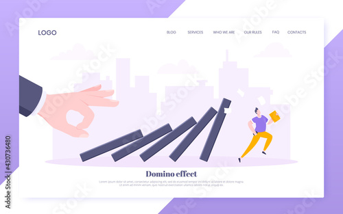 Domino effect or business cowardice metaphor vector illustration concept. Adult young businesswoman run away from hand falling domino line business concept problem solving and danger chain reaction.