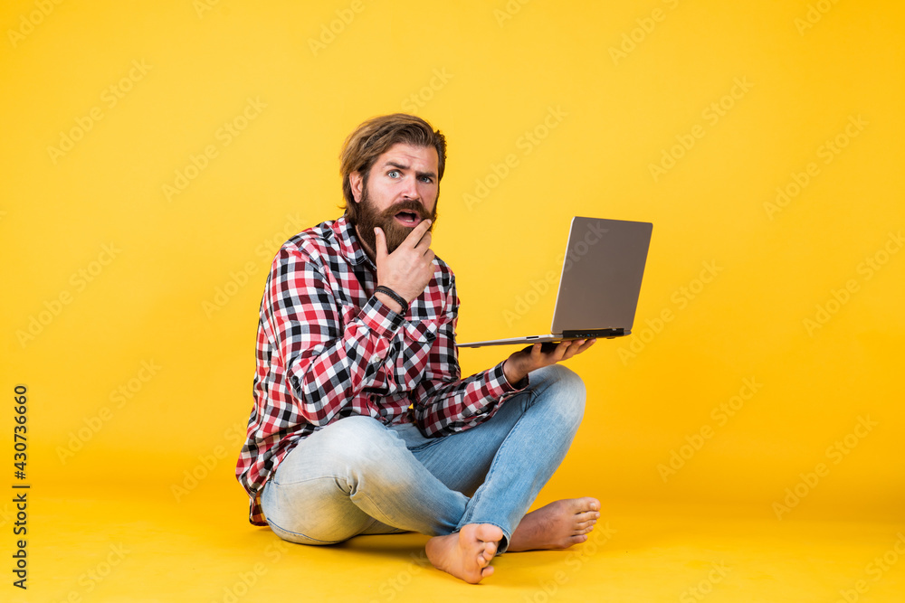 oh my god. agile business. digital lifestyle concept. mature student working on laptop. guy work on notebook. online shopping. sad hipster use computer. modern technology in business oh my god. agile business. digital lifestyle concept. mature student working on laptop. guy work on notebook. online shopping. sad hipster use computer. modern technology in business