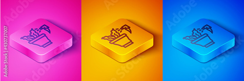 Isometric line Spraying a house plant with a spray gun icon isolated on pink and orange, blue background. Moistening of foliage. Care for home flowers. Square button. Vector