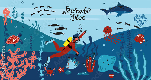 Vector flat illustration with a diver. Diving. Underwater world. marine animals. algae, shark, jellyfish. diving doodle. flat