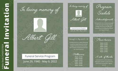 Floral memorial and funeral invitation card template design, cherry blossom and leaves, blue and brown tones. Botanical memorial and funeral invitation card template design