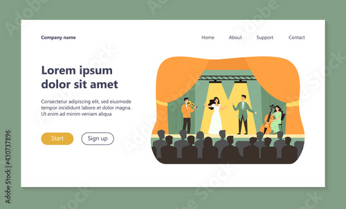 Singers playing in tragedy opera for audience isolated flat vector illustration. Cartoon woman and man singing drama song on stage. Theater and music concept
