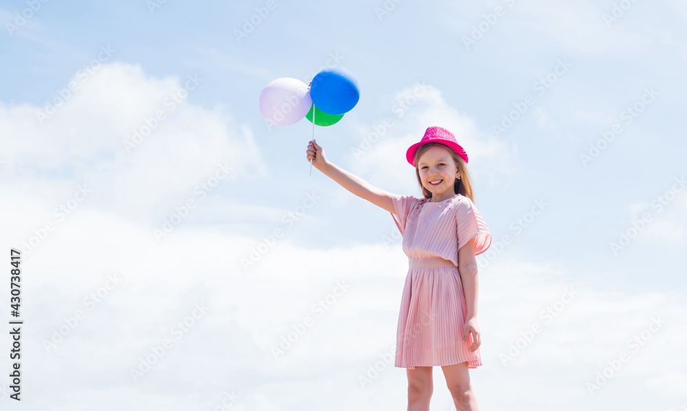 happy childhood. cute child on sky background with balloons. spring season weather. summer holiday and vacation. freedom. beautiful teen girl with hat. kid fashion style. female natural beauty happy childhood. cute child on sky background with balloons. spring season weather. summer holiday and vacation. freedom. beautiful teen girl with hat. kid fashion style. female natural beauty