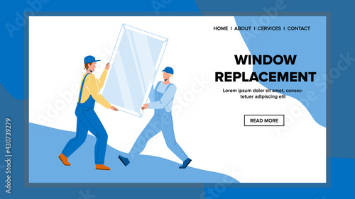 Window Replacement Business Of Repairmen Vector. Workmen Room Or Office Cabinet Window Replacing Together. Characters Guys Installing Glass In Construction Web Flat Cartoon Illustration