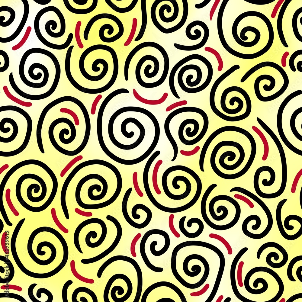 Seamless black and red swirl pattern on a yellow background. Design of background, template, fabric, textile, wallpaper, packaging. Zentangle art design.