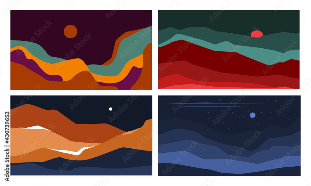 abstract wavy shapes mountain and hills landscapes set, vector illustration scenery in earthy color palette