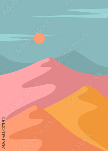 desert dunes in pink yellow orange colors, minimalist abstract landscape vector graphic