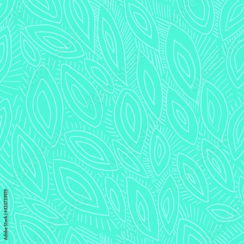 Stylish seamless handmade white leaf pattern on turquoise background. Design of background, postcard, template, fabric, textile, wallpaper, packaging, paper.