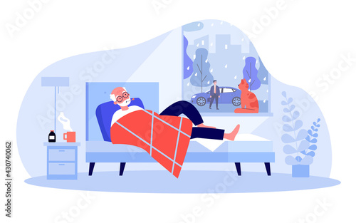 Cartoon old man with fever lying in bed. Flat vector illustration. Male person drinking medicine, taking his temperature and staying in bed. Illness, health, recovering, treatment, pandemic concept