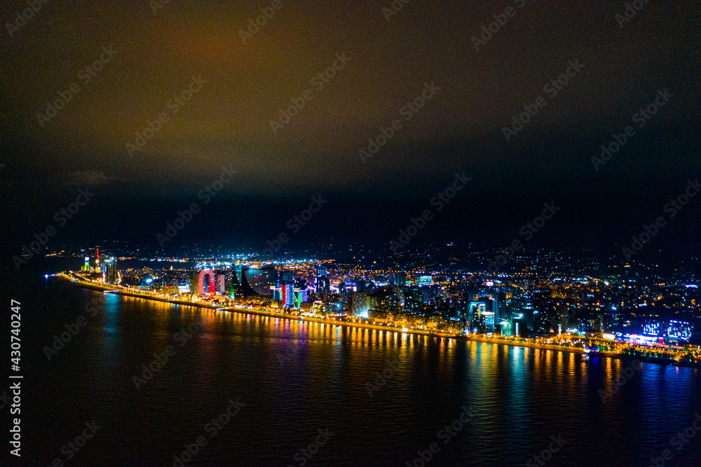 View of the night city from a drone