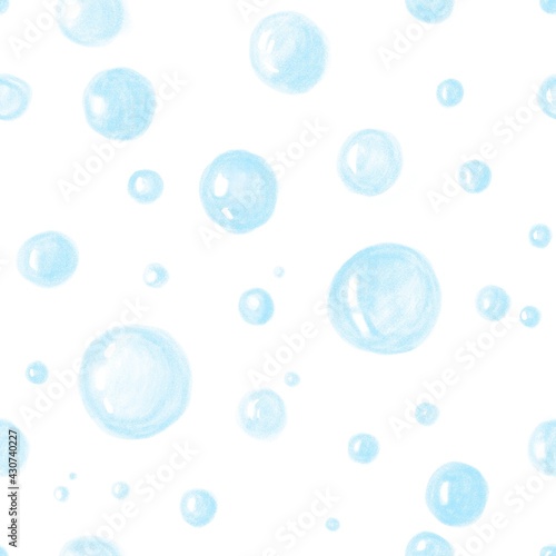 A seamless pattern of blue bubbles on a white background drawn by hand with pencils. Design of background, packaging, covers, wallpaper, textiles, fabric.