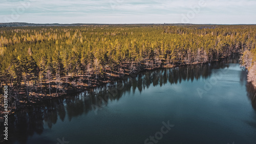 Lake Iso Melkutin in Loppi, Finland. Endless forest and trees reflecting on lake surface. photo