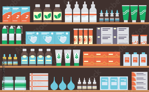 Pharmacy shelves with medicines, tablets, ointments, vitamins and antibiotics. Store shelf with medicines. Seamless pattern. Vector illustration on white background.