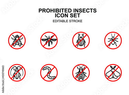 Anti insect vector line icon set. Editable stroke. Red prohibiting sign with insect inside. Minimal design with fly, mosquito, bug, ant, cockroach, worm, wasp and moth.