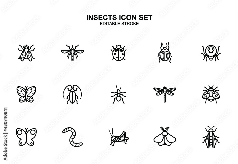 Insects vector icon set. Editable stroke. Insect illustration. Bee, fly, mosquito, ant, dragonfly, wasp, butterfly, cockroach, beetle, worm, grasshopper. Minimal design Insects vector icon set. Editable stroke. Insect illustration. Bee, fly, mosquito, ant, dragonfly, wasp, butterfly, cockroach, beetle, worm, grasshopper. Minimal design