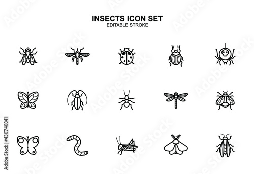 Insects vector icon set. Editable stroke. Insect illustration. Bee, fly, mosquito, ant, dragonfly, wasp, butterfly, cockroach, beetle, worm, grasshopper. Minimal design
