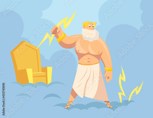 Greek god Zeus throwing lightnings from heaven. Cartoon vector illustration. Major Ancient God of sky, thunder and lightning with golden throne in background. Mythology, Greece, polytheism concept