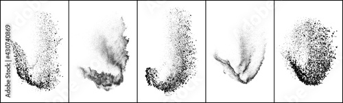 Set of explosion black grainy texture isolated on white background. Dust overlay textured. Dark noise particles. Grunge design elements. Vector illustration, Eps 10.