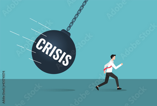 Businessman running away from black giant wrecking ball. Run away and avoiding crisis vector illustration.
