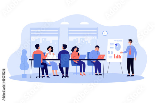 Speaker making boring presentation in office. Male manager character giving lecture with whiteboard to tiresome audience. Cartoon vector illustration. Meeting, training, team concept