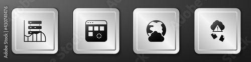 Set Server, Data, Web Hosting, Loading data window, Social network and Cloud hacking icon. Silver square button. Vector