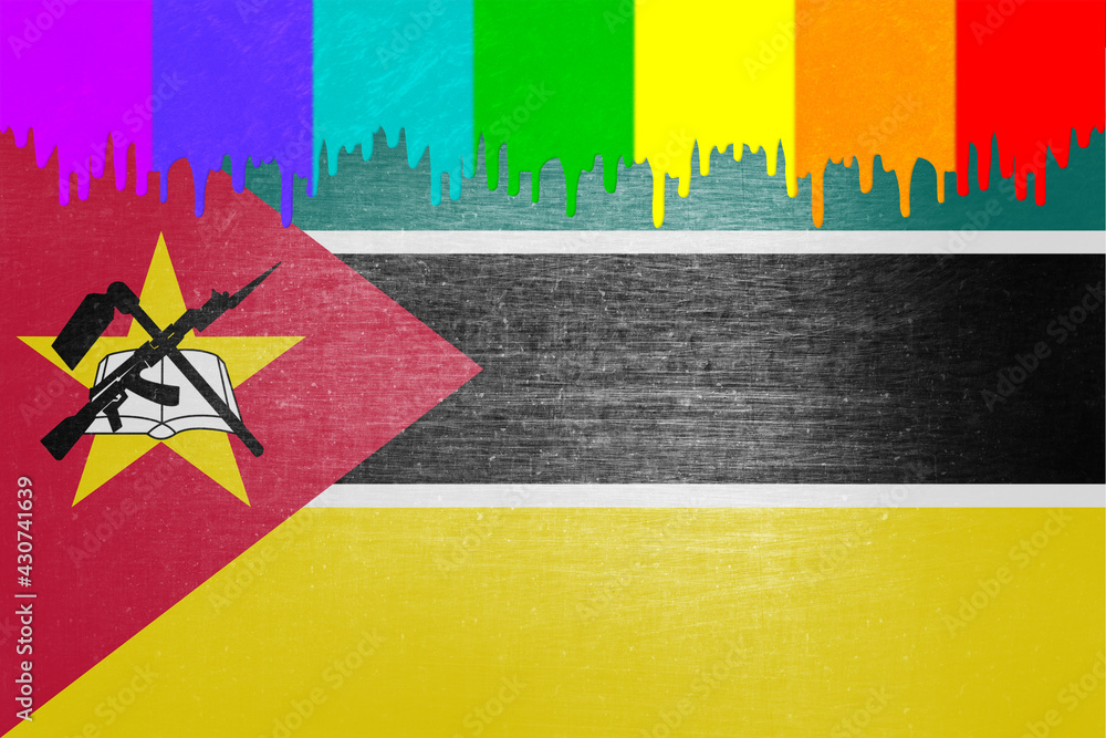 Naklejka premium Paint (rainbow flag) is dripping over the national flag of Mozambique
