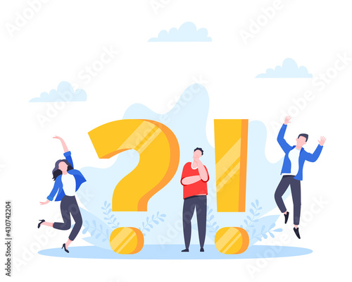 Q and A or FAQ concept with tiny people characters, big question and exclamation mark, frequently asked questions template. Answers business support concept flat style design vector illustration.