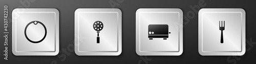 Set Cutting board, Spatula, Toaster and Fork icon. Silver square button. Vector