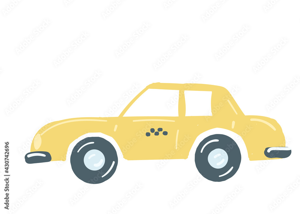 yellow taxi car. isolated sedan car. passenger taxi with a trunk. hand drawn cartoon style, vector illustration. public transport.