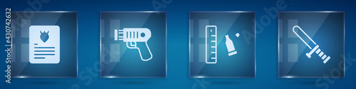 Set The arrest warrant, Police electric shocker, Bullet casing with ruler and rubber baton. Square glass panels. Vector