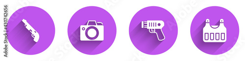 Set Police shotgun, Photo camera, electric shocker and Bulletproof vest icon with long shadow. Vector