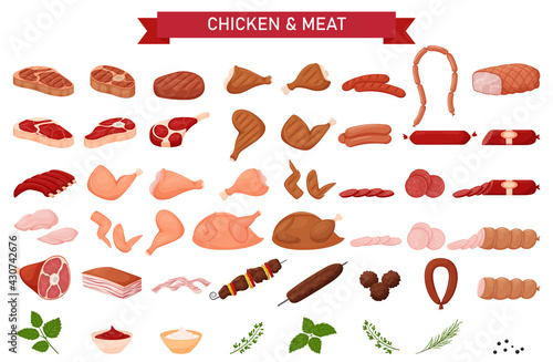 Large meat set. Sausages, grilled chicken, raw meat, sausage cuts, pork, knuckle, ribs, chicken breast, shish kebab, meatballs, lard, herbs, sauces, . Set in a flat cartoon style. Isolated on white.