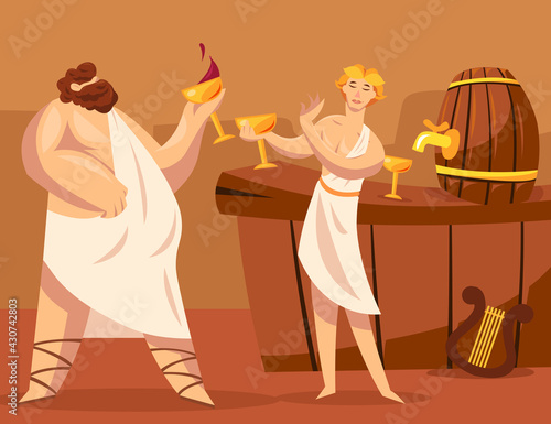 Ancient Greek gods or Greeks drinking wine together. Cartoon vector illustration. God of viticulture Dionysus granting wine to Greek character. Winemaking, ancient Greece, alcohol, culture concept