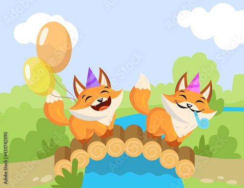 Two cartoon birthday foxes standing on bridge. Flat vector illustration. Happy little foxes with birthday hats, whistle blowers, colorful balloons enjoying holiday. Party, animal, birthday concept