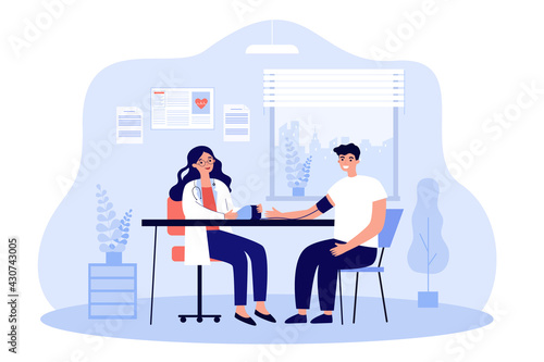 Female doctor measuring blood pressure of patient at clinic. Ill or sick person sitting at physicians office, getting consultation. Cartoon vector illustration. Cardiology, hospital or medical concept