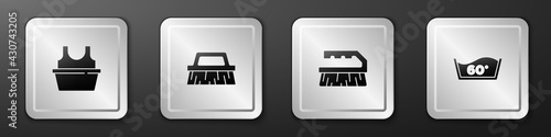 Set Basin with shirt, Brush for cleaning, and Temperature wash icon. Silver square button. Vector