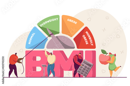 Body mass index medical chart. Tiny people on scales, with apple and calculator, diet and fitness control flat vector illustration. BMI, health concept for banner, website design or landing web page
