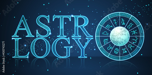 Modern magic witchcraft Astrology wheel with zodiac signs on space background. Neon Horoscope vector illustration