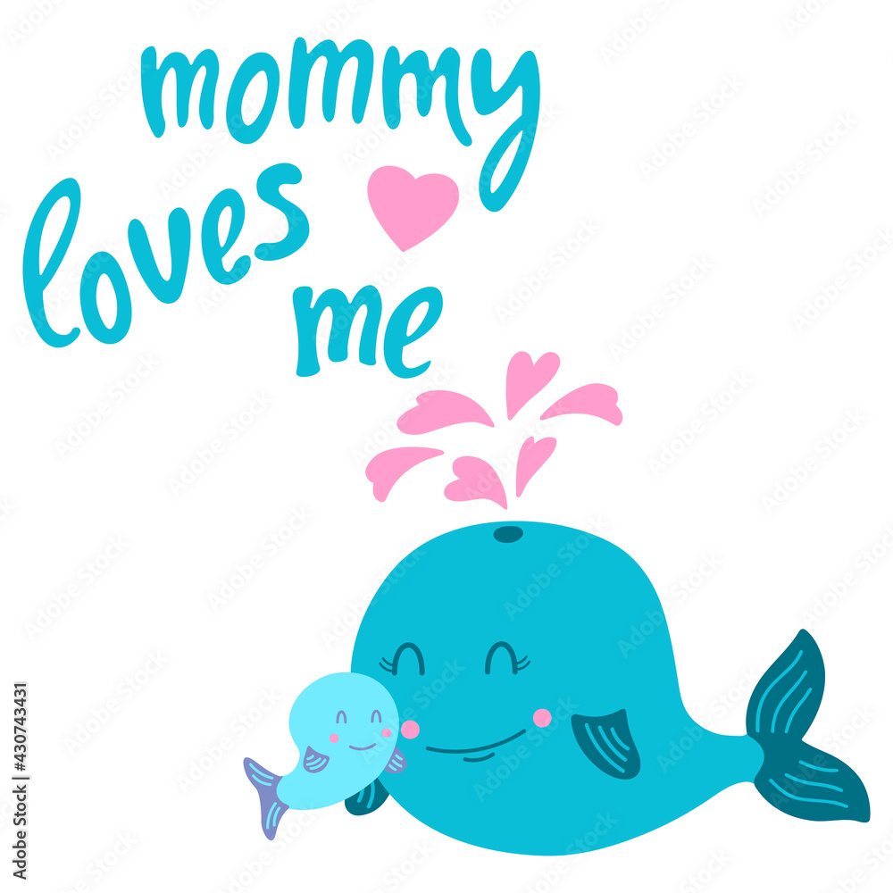 Cute funny whales and pink hearts. Mom and baby. Mommy loves me. Vector illustration, isolated on a white background. Scandinavian style flat design. Concept for children print. Cute funny whales and pink hearts. Mom and baby. Mommy loves me. Vector illustration, isolated on a white background. Scandinavian style flat design. Concept for children print.