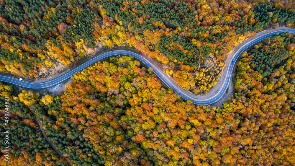 The road through the forest was shotfrom the air with a Drone. 