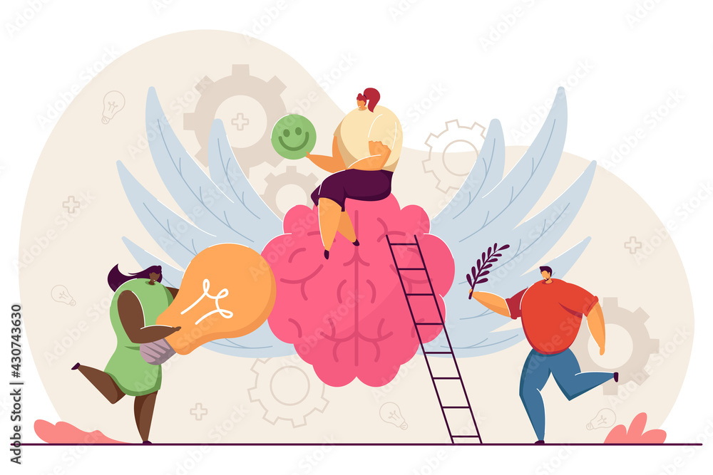 Tiny happy people with healthy mind. Cartoon character sitting on brain, positive vision flat vector illustration. Health improvement, philosophy concept for banner, website design or landing web page