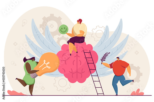 Tiny happy people with healthy mind. Cartoon character sitting on brain, positive vision flat vector illustration. Health improvement, philosophy concept for banner, website design or landing web page