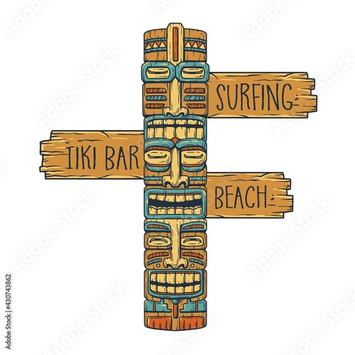 Design of trendy hawaii wooden tiki mask for surfing bar. Traditional ethnic idol and hawaiian surf pointer  maori or polynesian. Old tribal totem